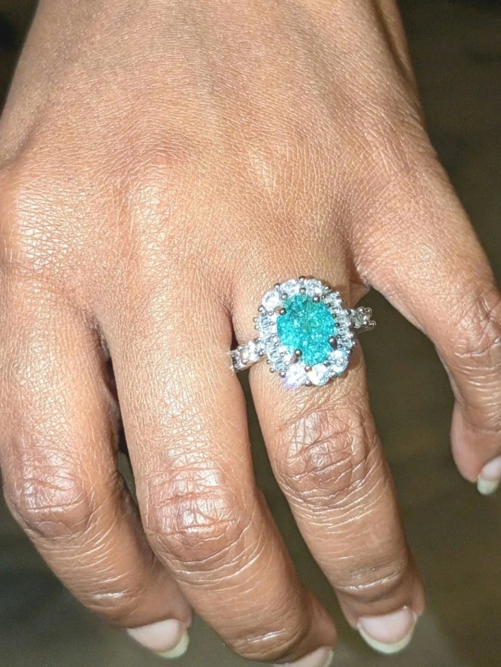 3.85 Ct Oval Cut Lab-Created Paraiba Tourmaline & Diamond Engagement Ring Sz 6.5